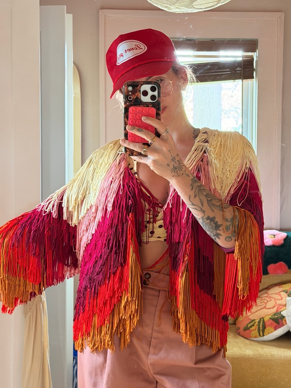 Fringed Multicolor Women’s Jacket - Red, Pink & Cream